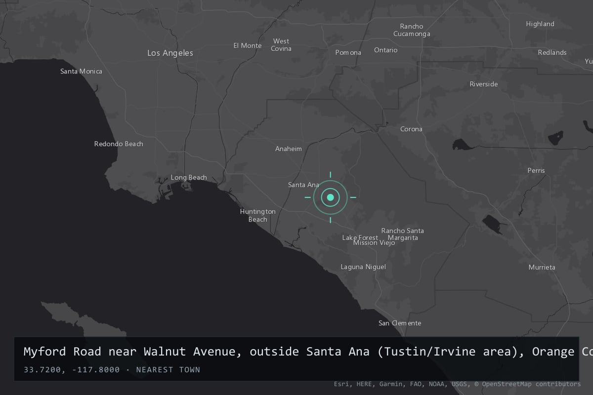 Where it happened: Myford Road near Walnut Avenue, outside Santa Ana (Tustin/Irvine area), Orange County, California, United States