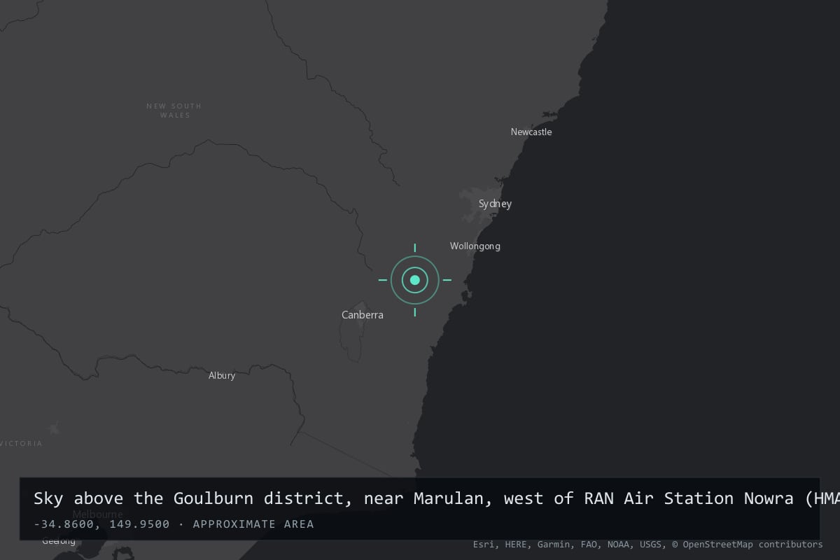 Where it happened: Sky above the Goulburn district, near Marulan, west of RAN Air Station Nowra (HMAS Albatross), New South Wales, Australia