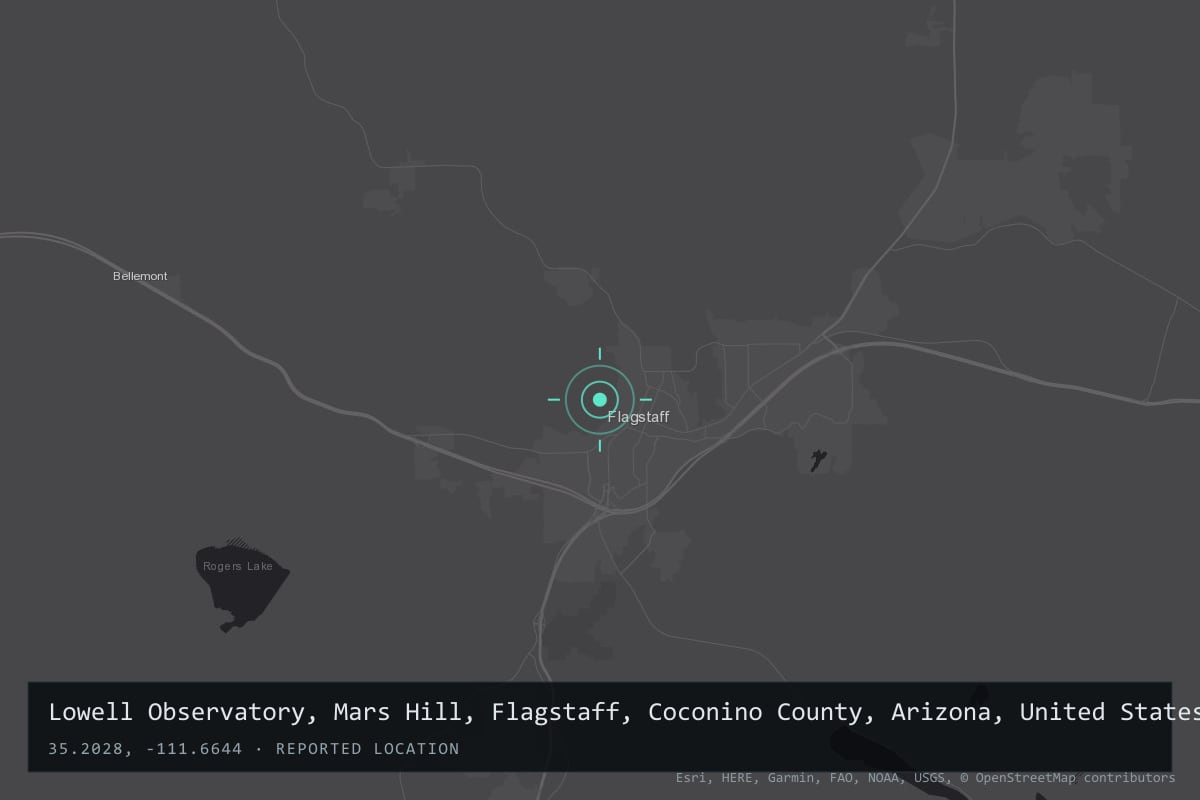 Where it happened: Lowell Observatory, Mars Hill, Flagstaff, Coconino County, Arizona, United States