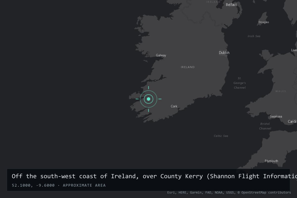 Where it happened: Off the south-west coast of Ireland, over County Kerry (Shannon Flight Information Region), Ireland