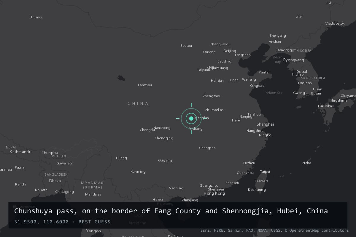 Where it happened: Chunshuya pass, on the border of Fang County and Shennongjia, Hubei, China