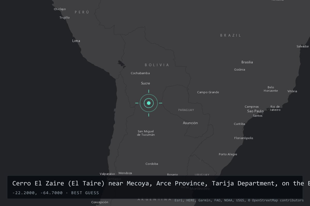Where it happened: Cerro El Zaire (El Taire) near Mecoya, Arce Province, Tarija Department, on the Bolivia-Argentina border, Bolivia