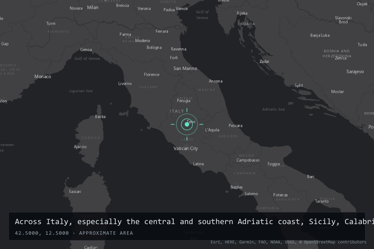 Where it happened: Across Italy, especially the central and southern Adriatic coast, Sicily, Calabria, Liguria and Piedmont, Italy