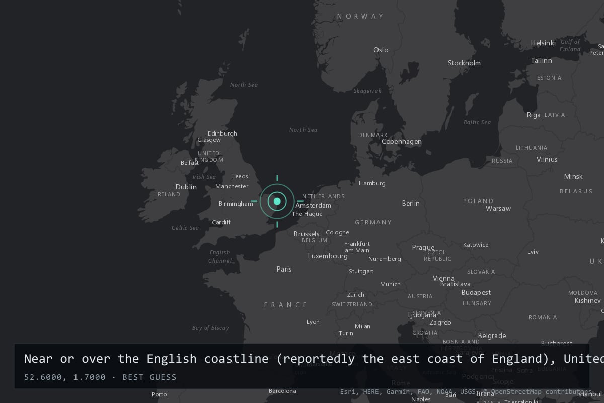 Where it happened: Near or over the English coastline (reportedly the east coast of England), United Kingdom