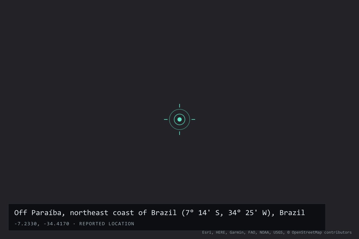 Where it happened: Off Paraíba, northeast coast of Brazil (7° 14' S, 34° 25' W), Brazil