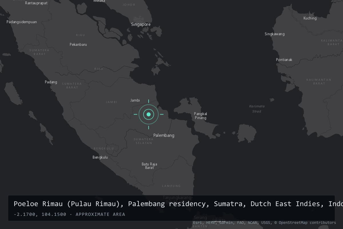 Where it happened: Poeloe Rimau (Pulau Rimau), Palembang residency, Sumatra, Dutch East Indies, Indonesia