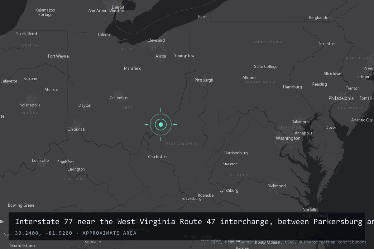 Where it happened: Interstate 77 near the West Virginia Route 47 interchange, between Parkersburg and Mineral Wells, West Virginia, United States
