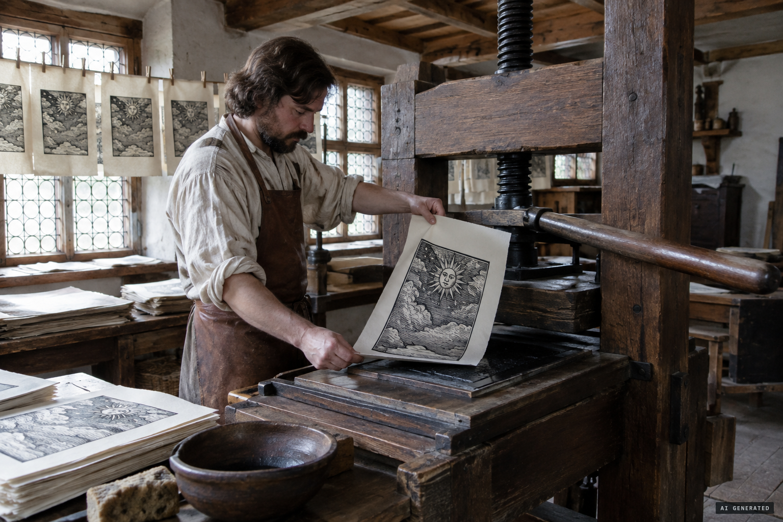 A broadsheet comes off the press in Basel in the summer of 1566