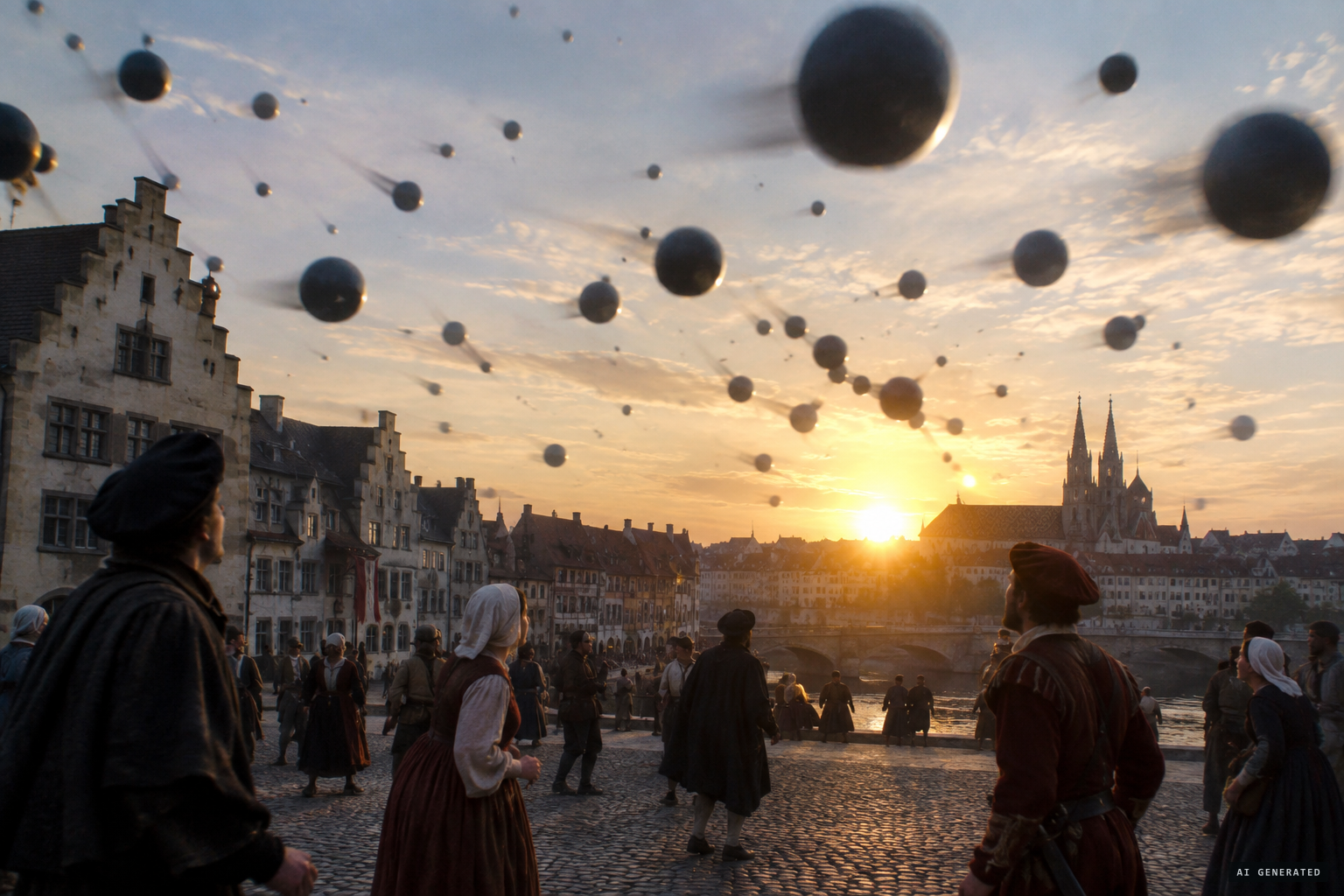 Many large black globes move before the sun at great speed, as if fighting