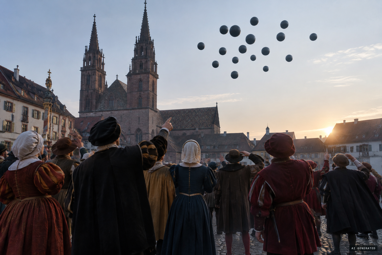 Many unnamed townspeople watch the cannonball-shaped objects
