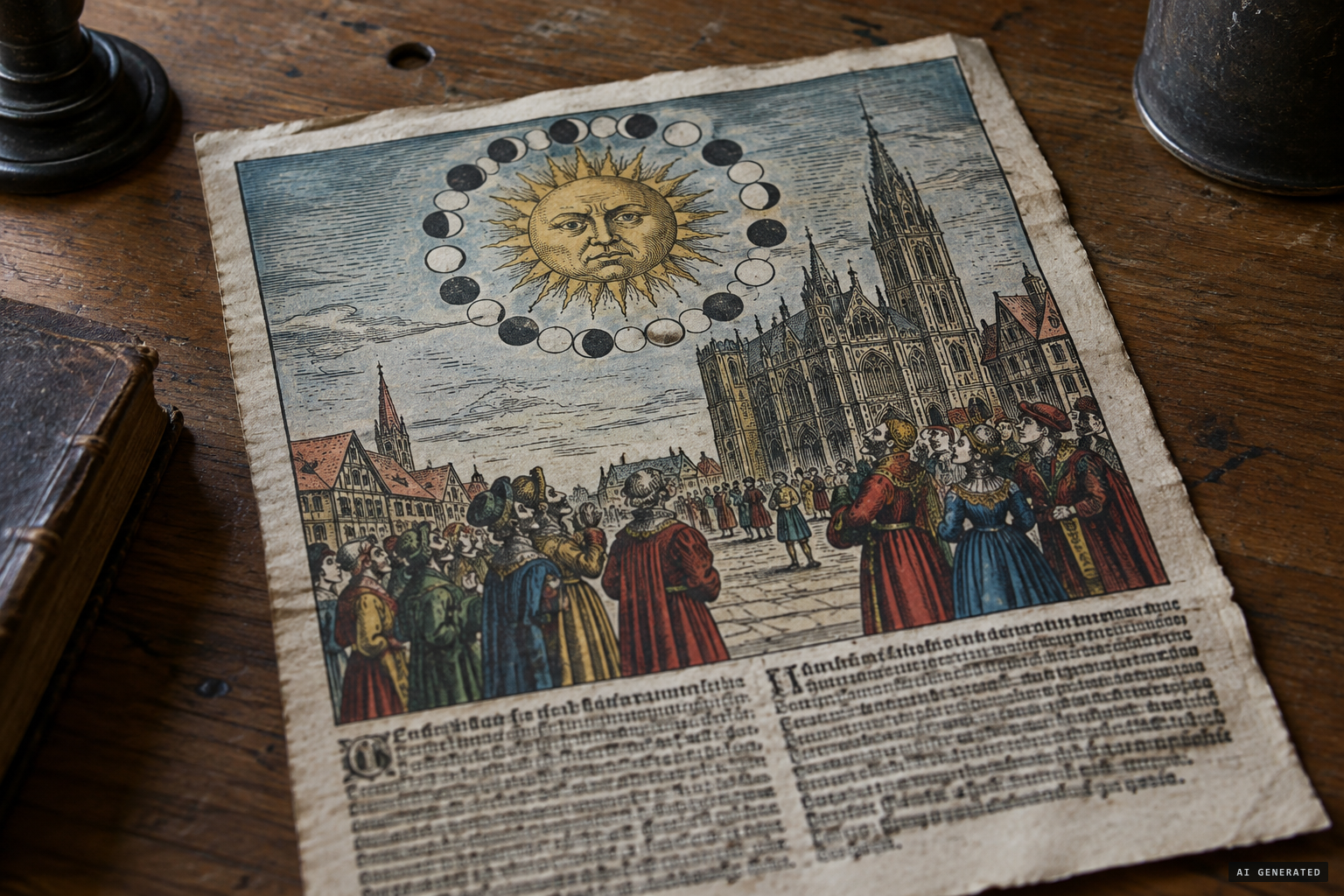 The woodcut shows Basel's Münsterplatz, the stern-faced sun and the spheres