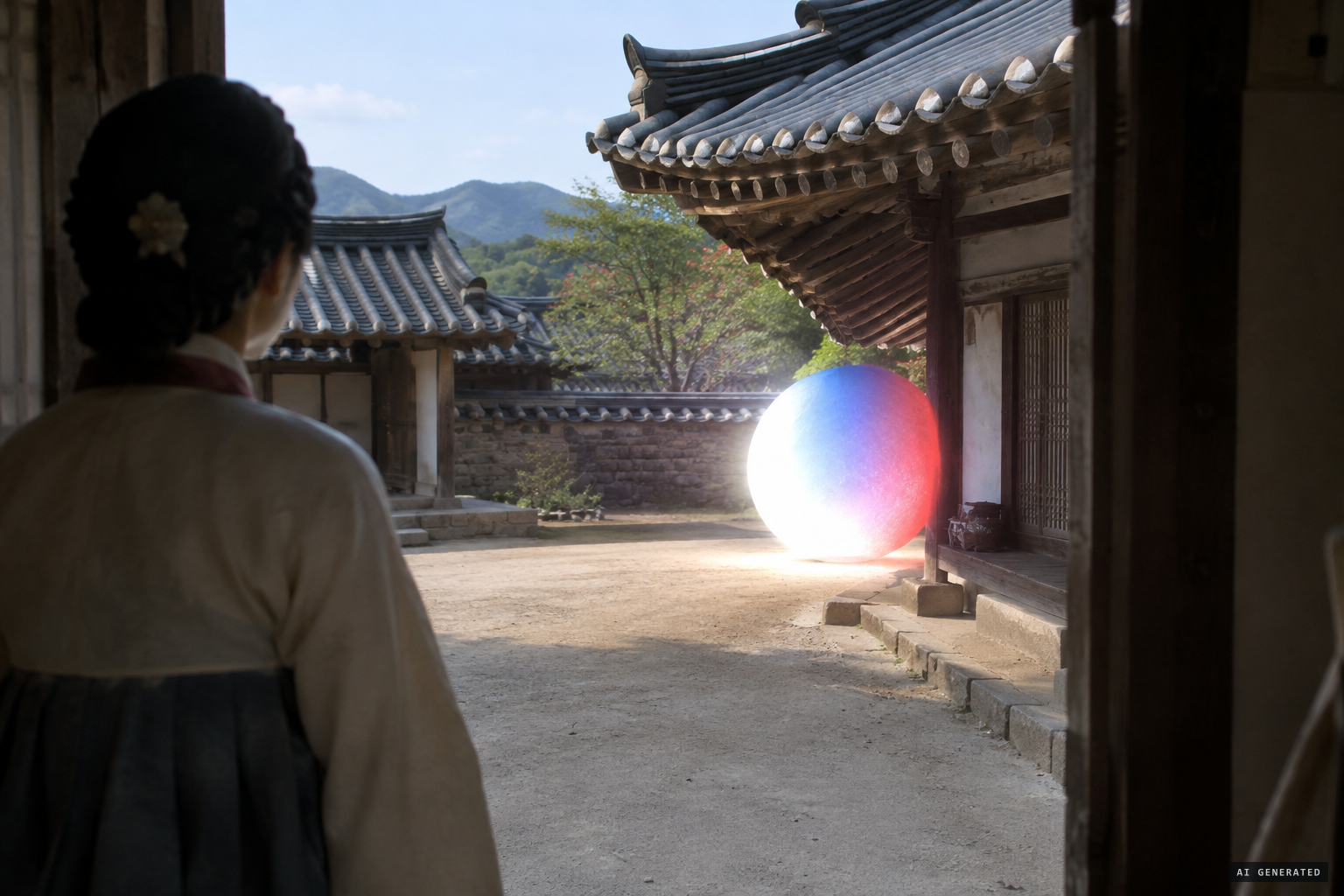 Yangyang: a round light, white, blue and red, appears under Jeon Mun-wi's eaves