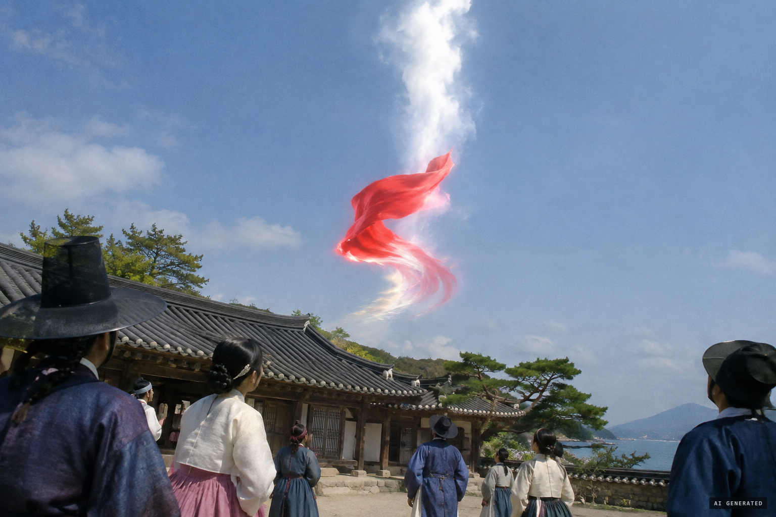 The light twists like a furled flag, turns red, then rises as a white cloud