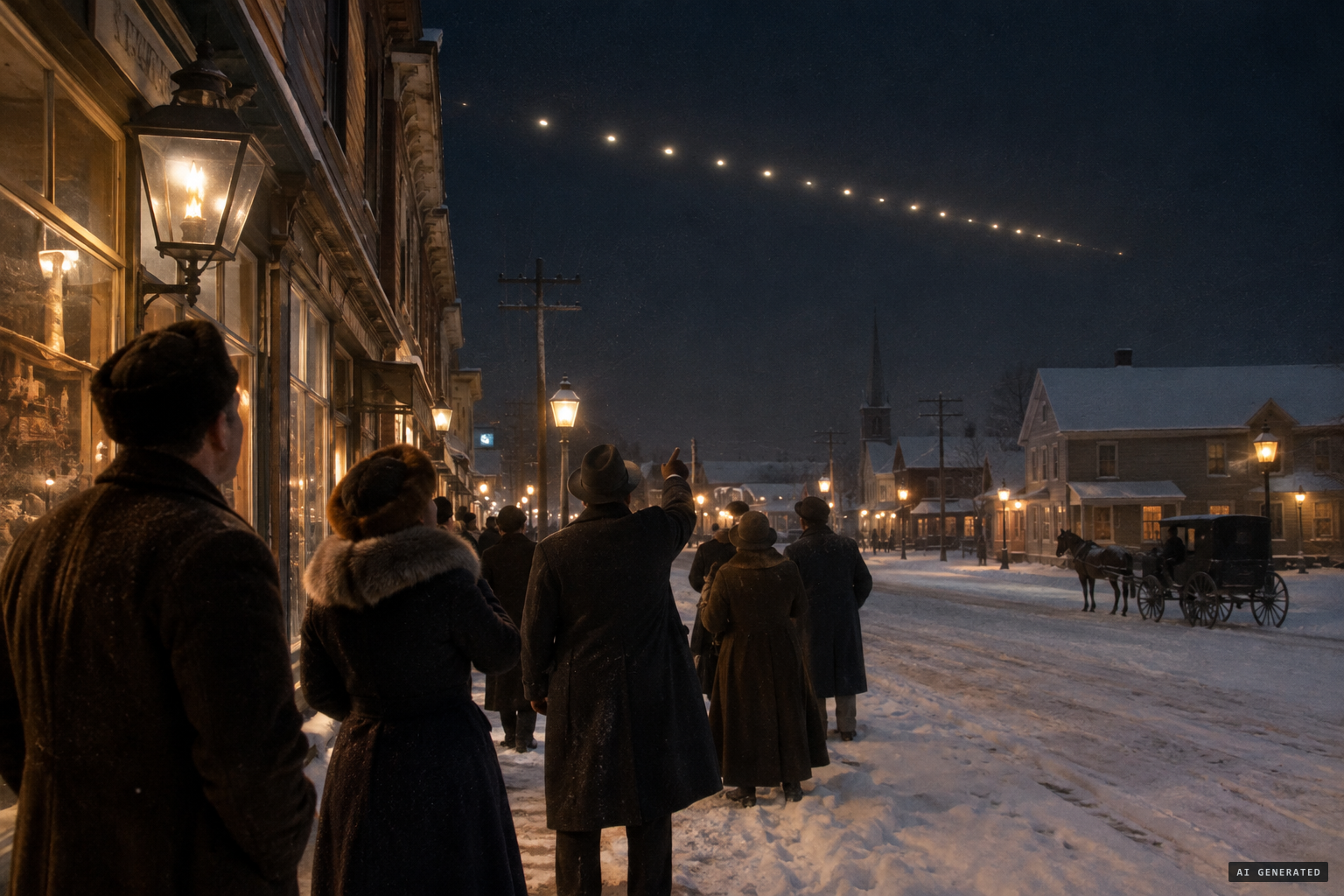 In February 1913, townsfolk look up at lights crossing the night sky in perfect order