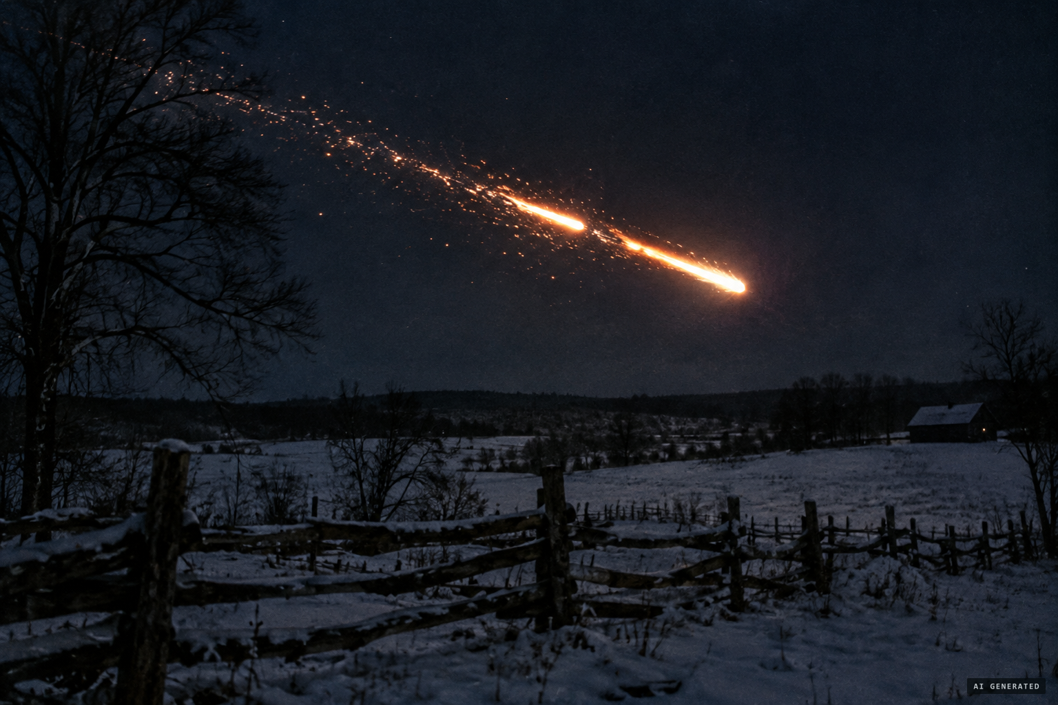At Appin, a huge meteor like two flaming bars throws out a stream of sparks