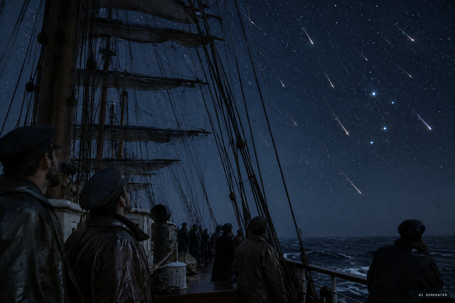 The barque J. C. Vinnen logs more than 100 meteors heading toward the Southern Cross