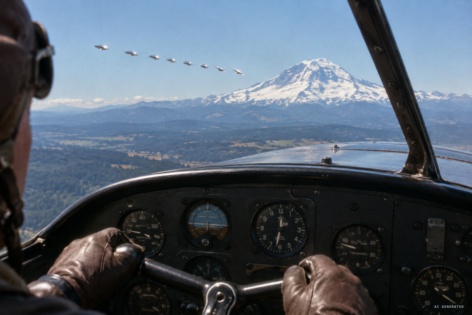 Kenneth Arnold sees nine flashing objects near Mount Rainier