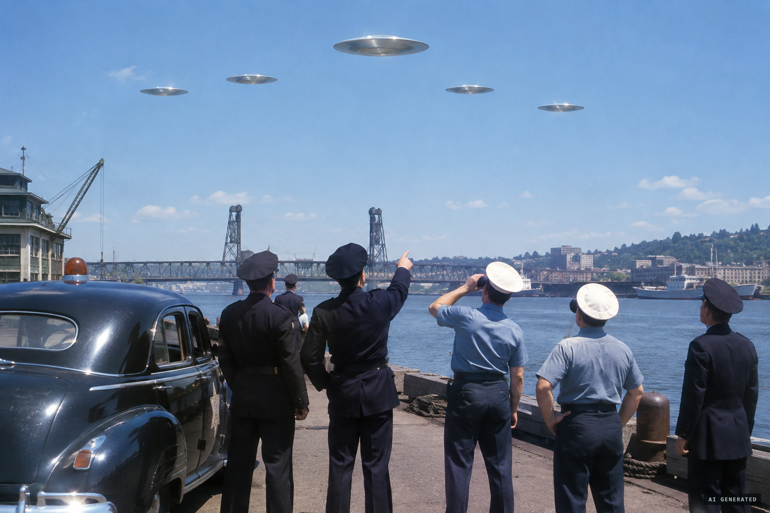 Portland police and harbor patrolmen watch five large discs on July 4