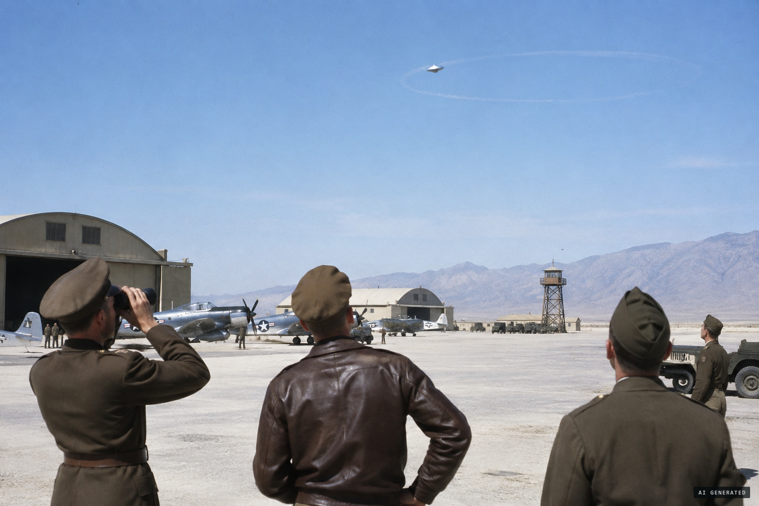 A silver object circles over secret Muroc Army Air Field
