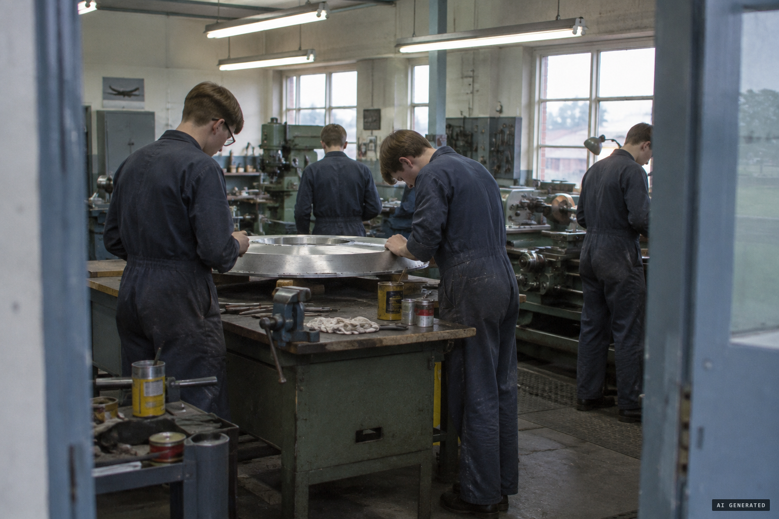RAE apprentices building the saucers in their Farnborough workshop