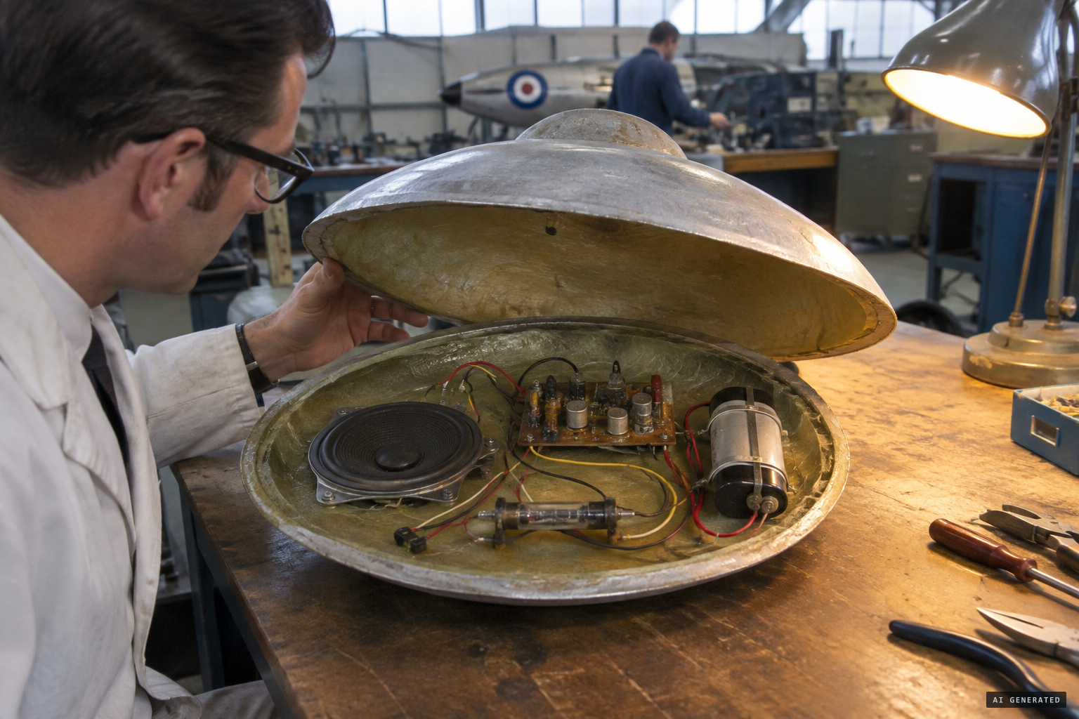 Inside a saucer: loudspeaker, oscillator, mercury switch and battery