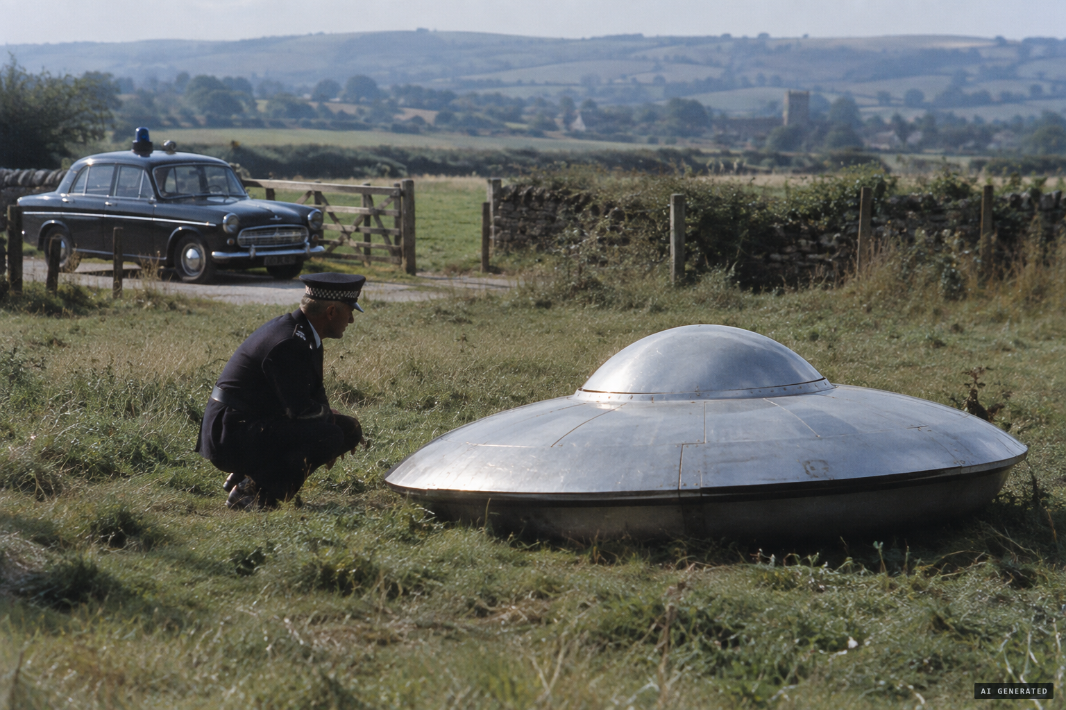 Sergeant John Durston studies the saucer that looks like a spaceship