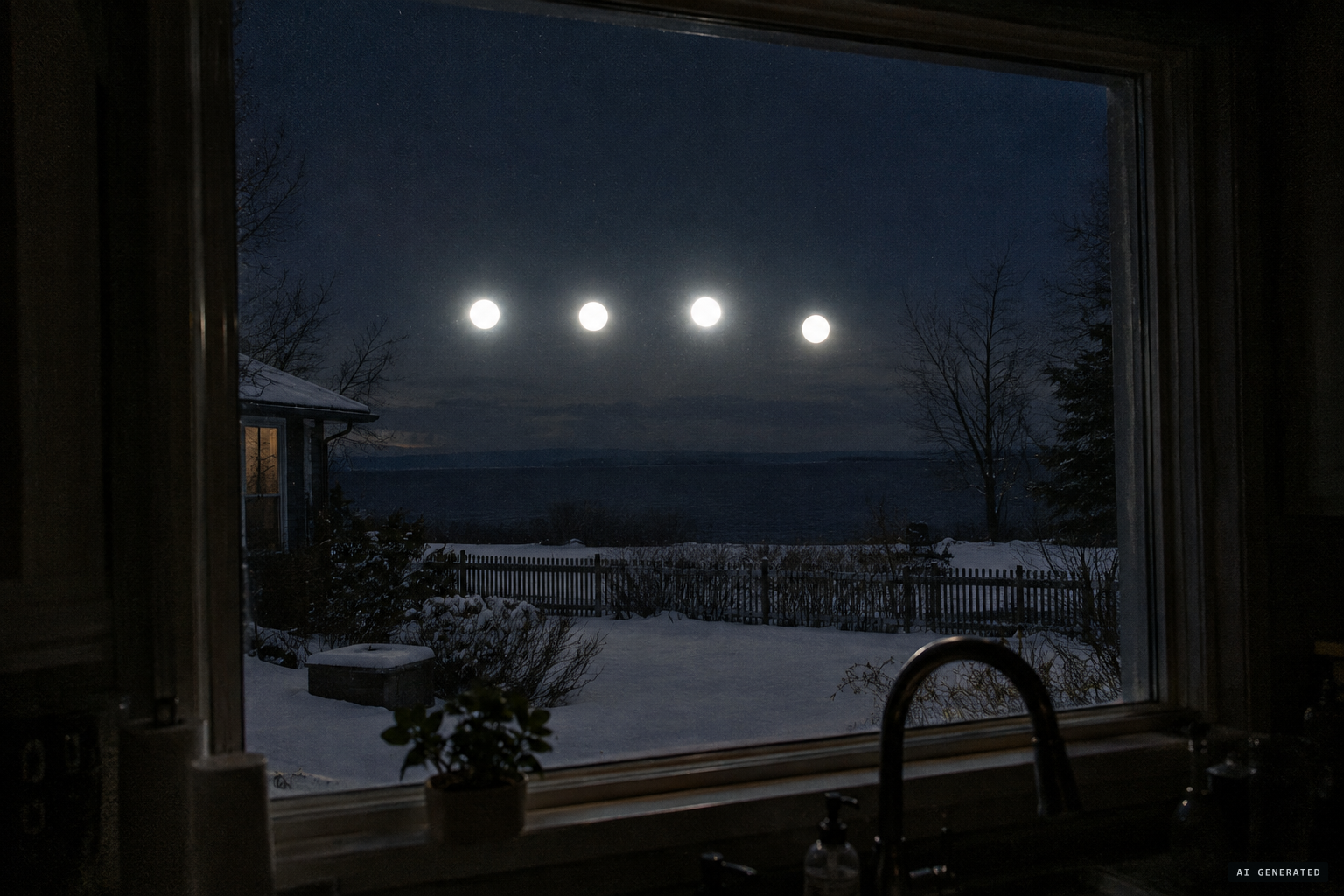 Four bright white circular lights the size of the full moon seen from Cindy Pravda's kitchen