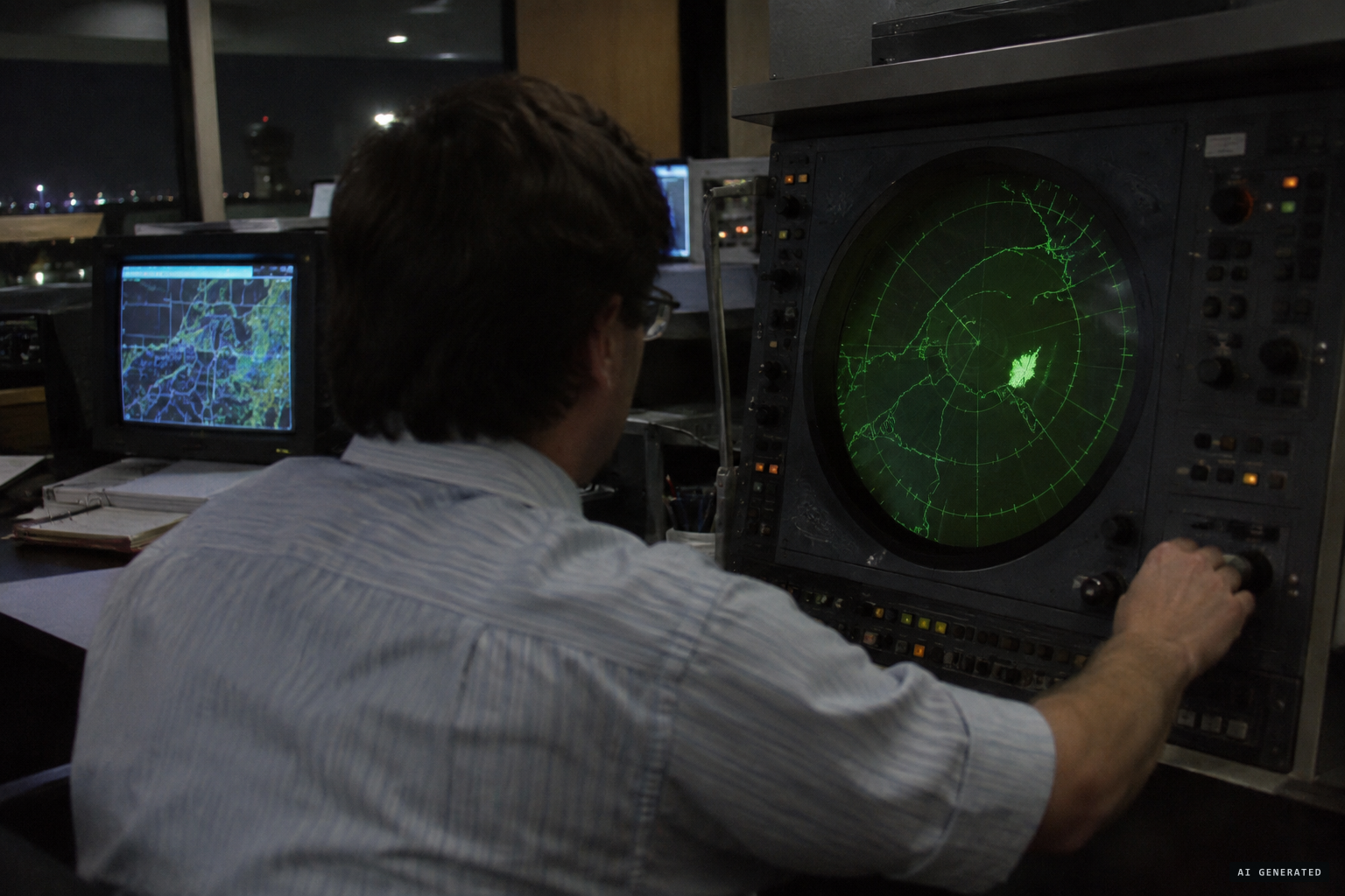 Jack Bushong steers the WSR-74C radar by hand and finds one object