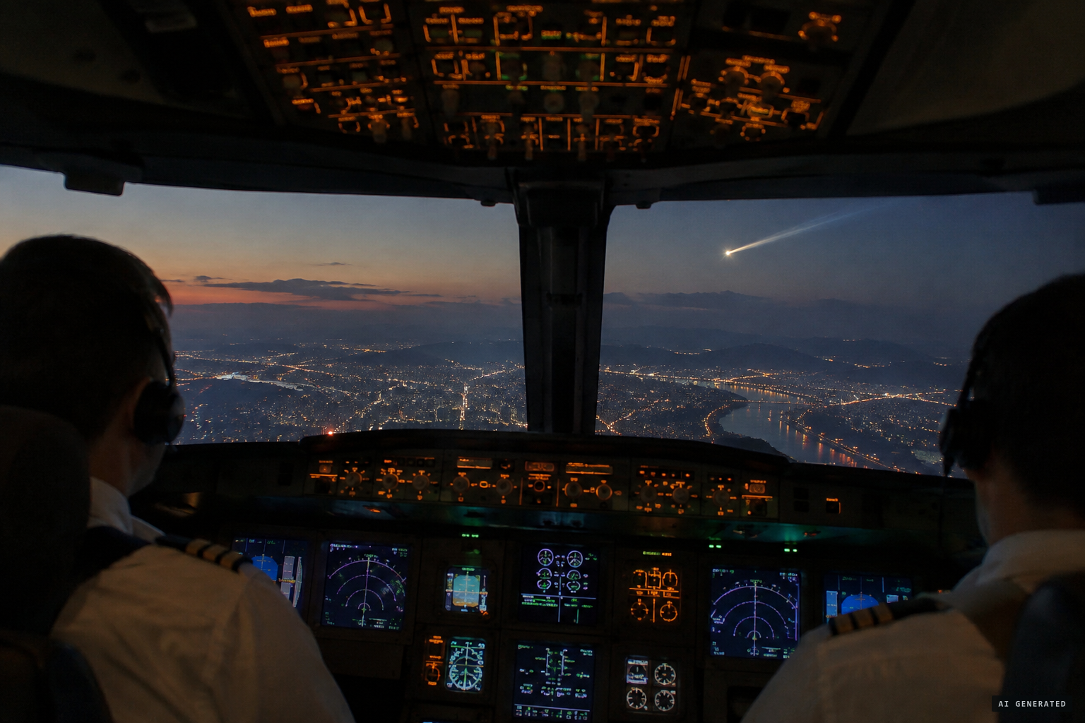 The flight crew sees an object with a bright, comet-like tail on approach to Hangzhou