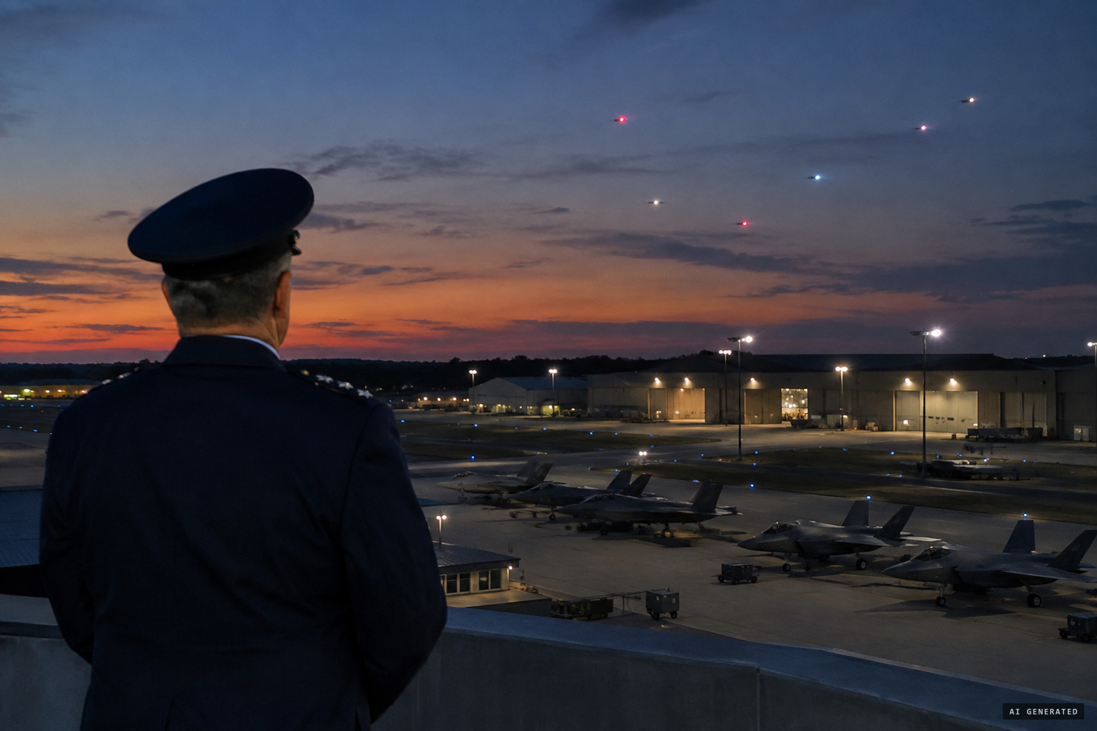 Gen. Mark Kelly watches drones over Langley from a squadron rooftop