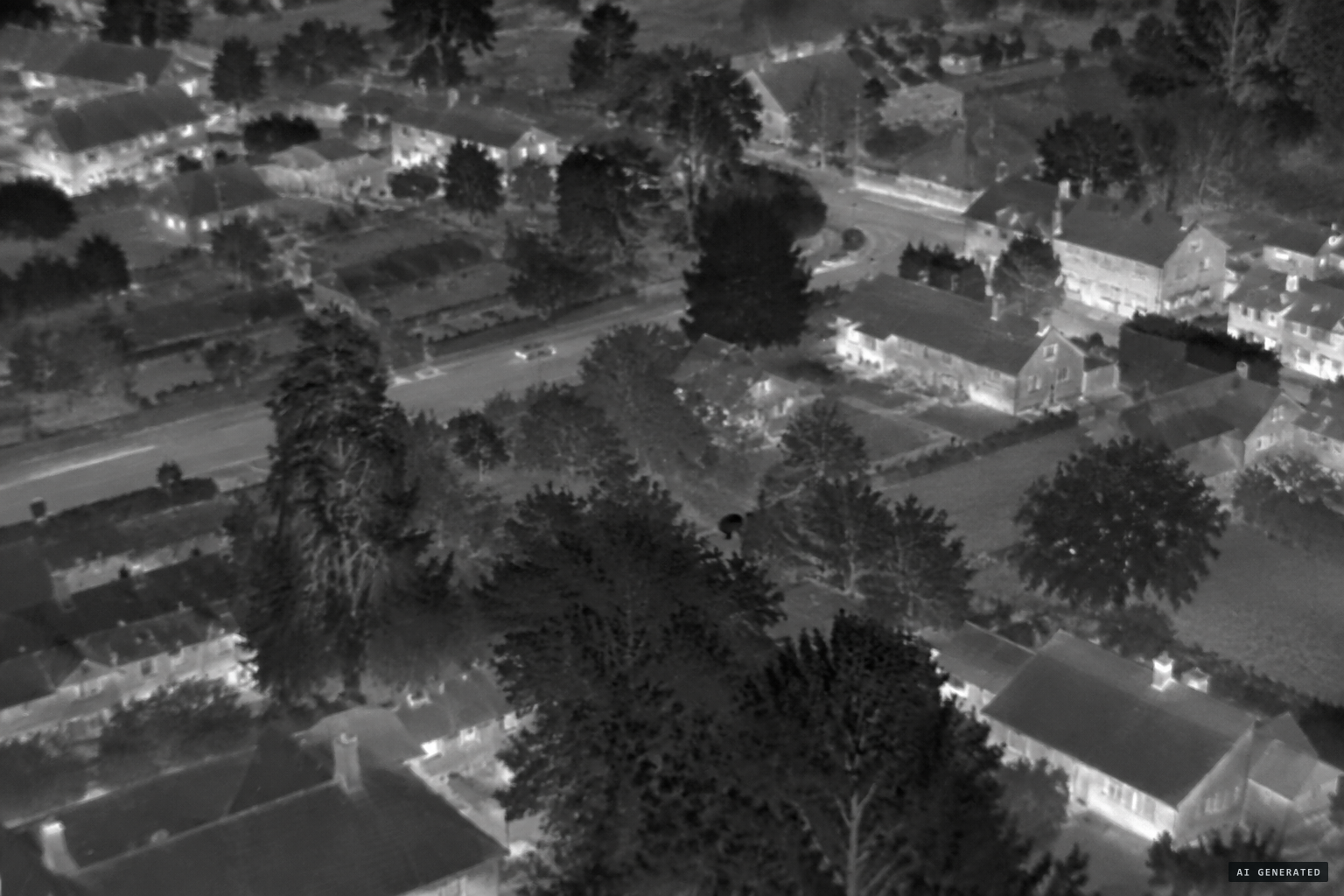 A small round thermal blob travels through an urban area at night, below tree-top height