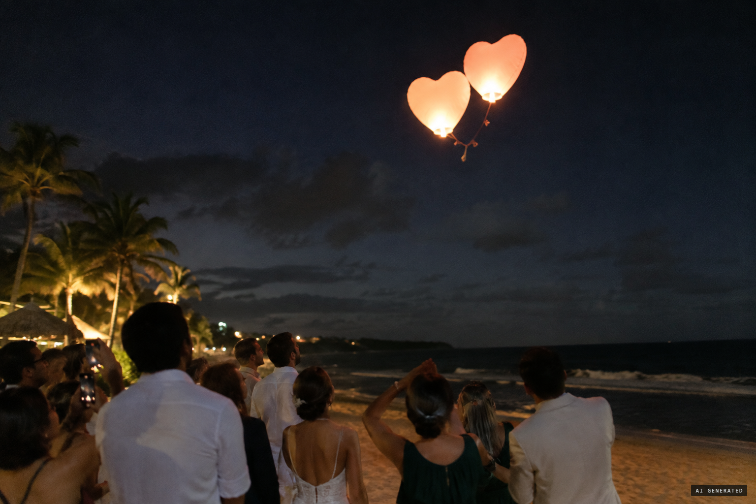 Lianza's theory: a pair of heart-shaped lanterns released at a wedding party