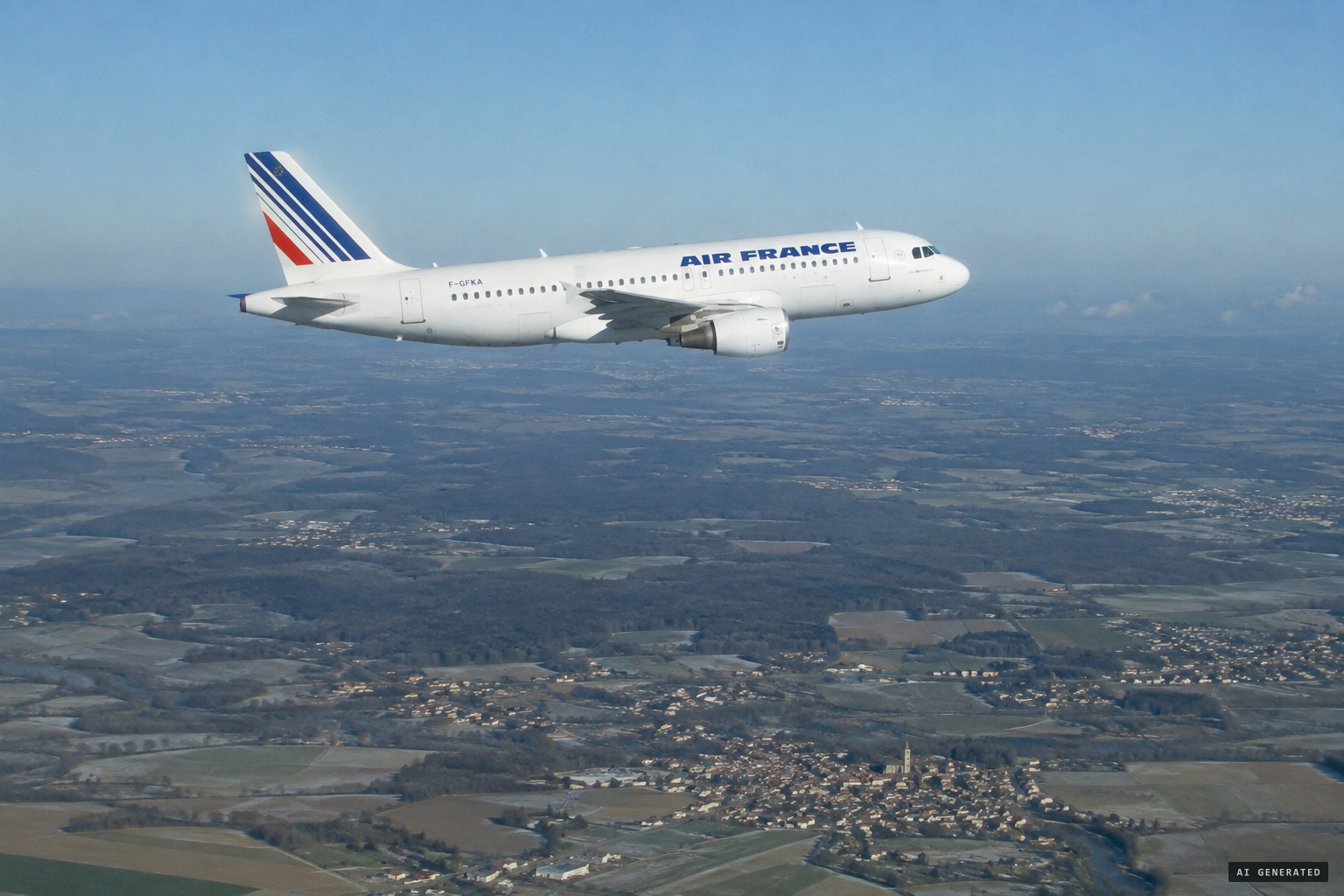 Air France Flight AF3532, an Airbus A320 from Nice to London, cruising at flight level 390 over Coulommiers.
