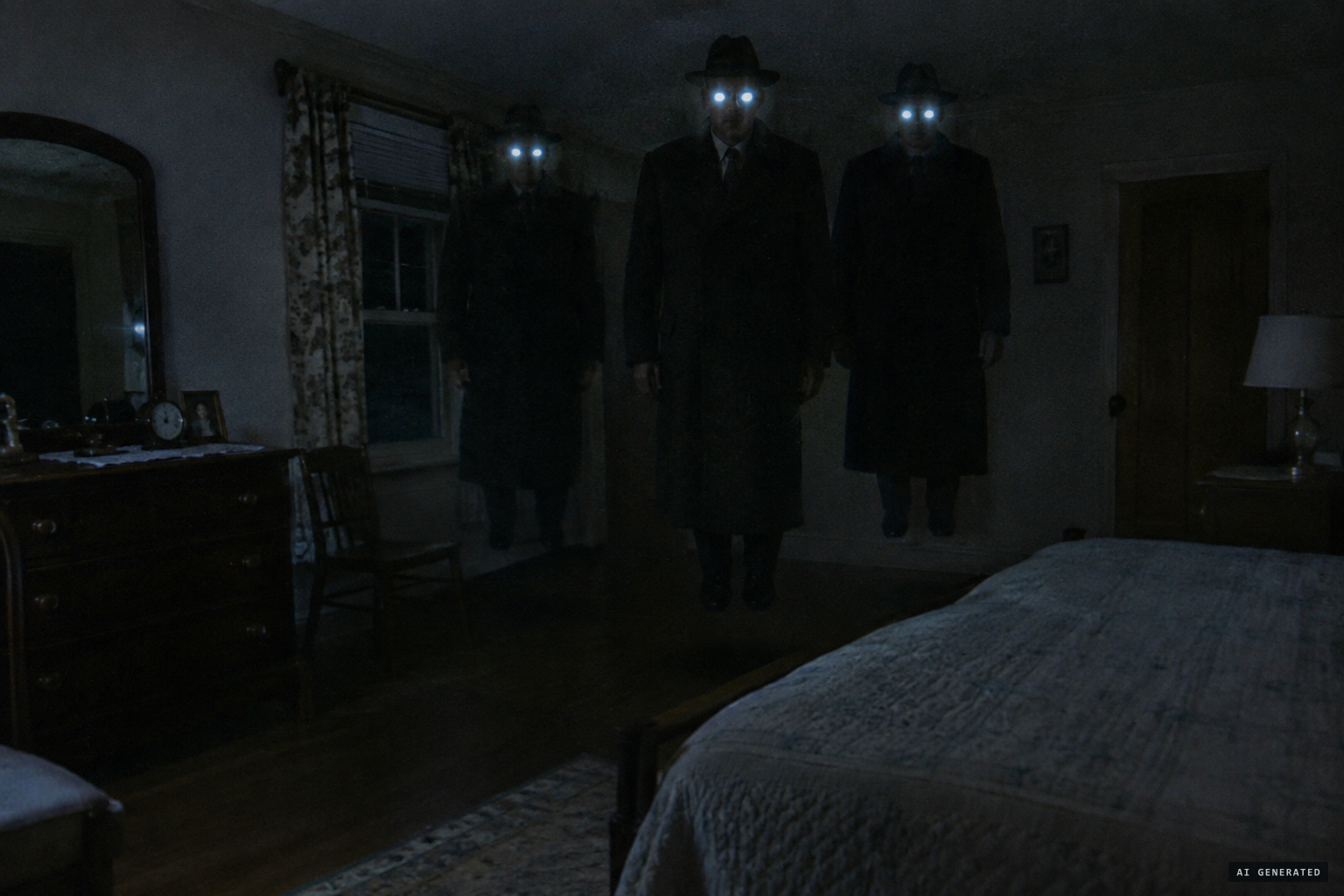 Three shadowy figures floating, eyes lit like flashlight bulbs