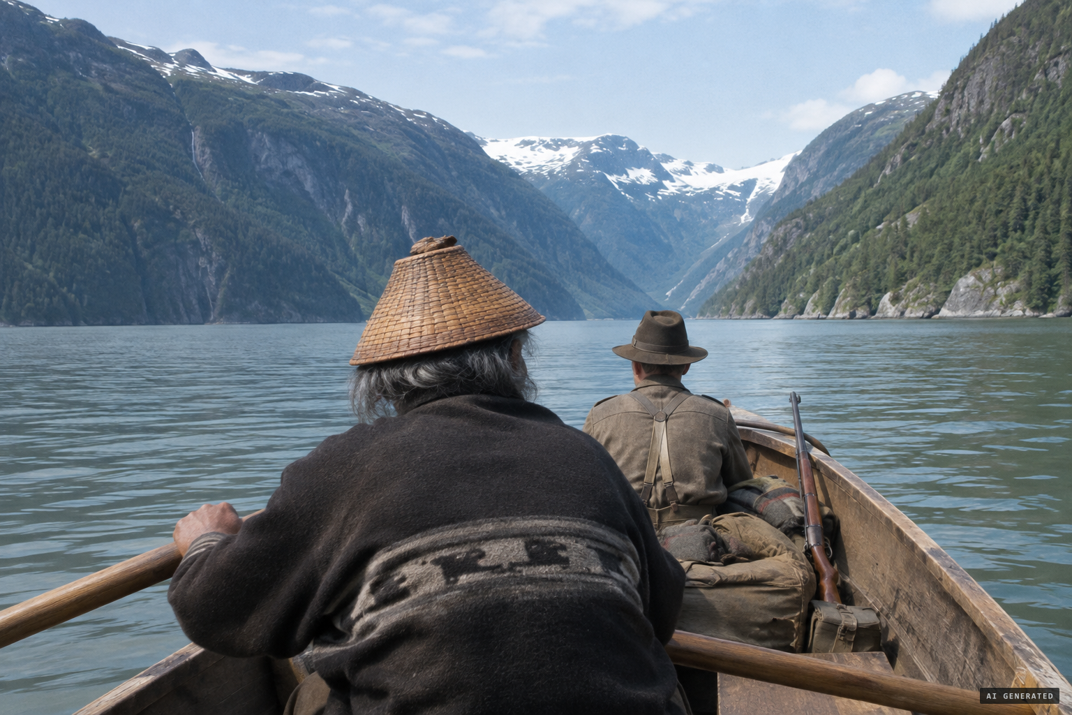 Summer 1924: a guide takes Ostman by boat to the head of Toba Inlet