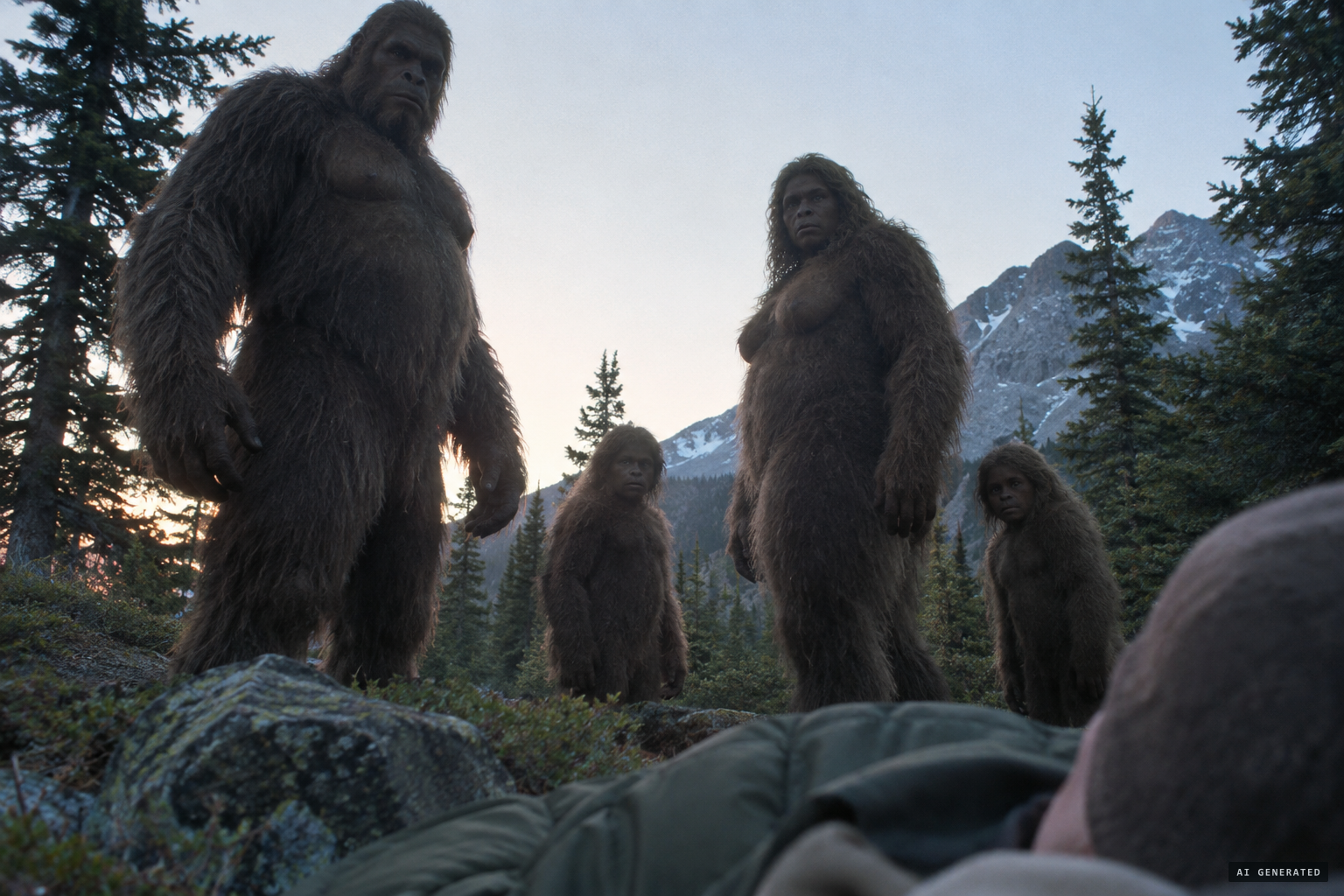 At dawn: the Sasquatch family, old man, old lady, boy and girl