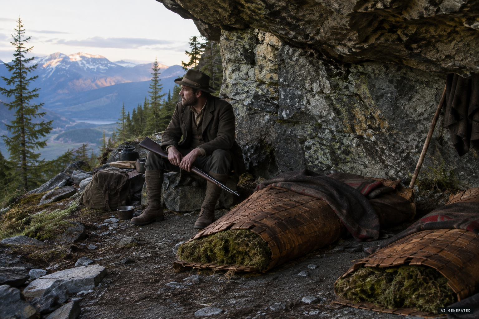 Ostman keeps his rifle; the family sleeps under woven cedar-bark blankets