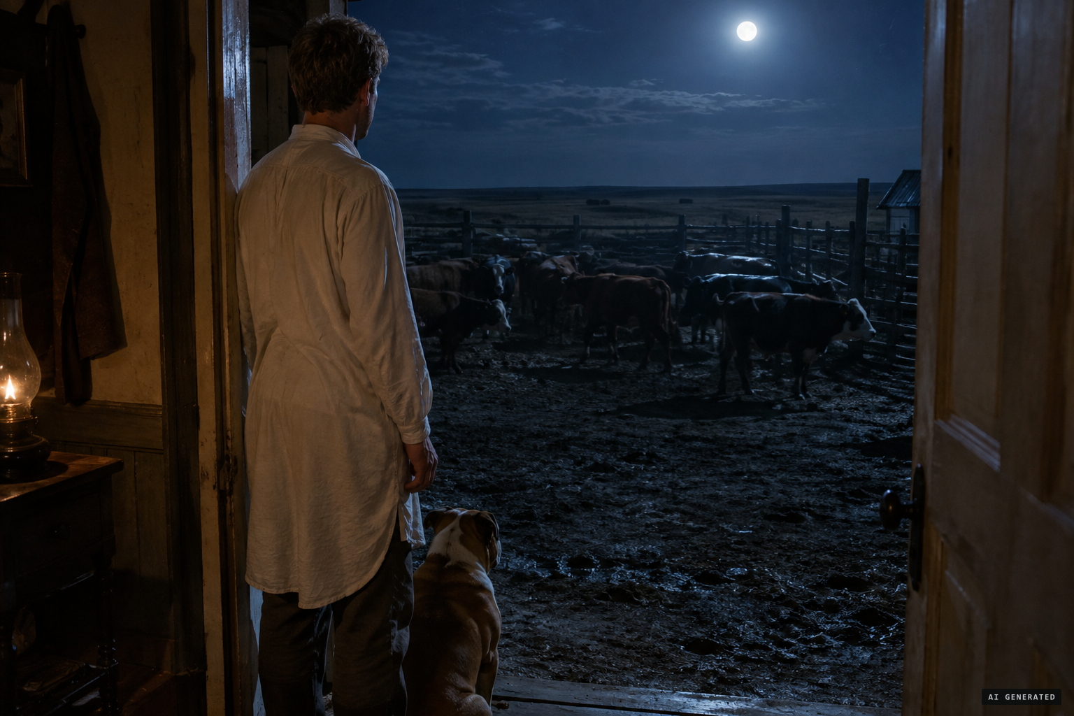 Hamilton is woken by a noise among the cattle and goes to the door