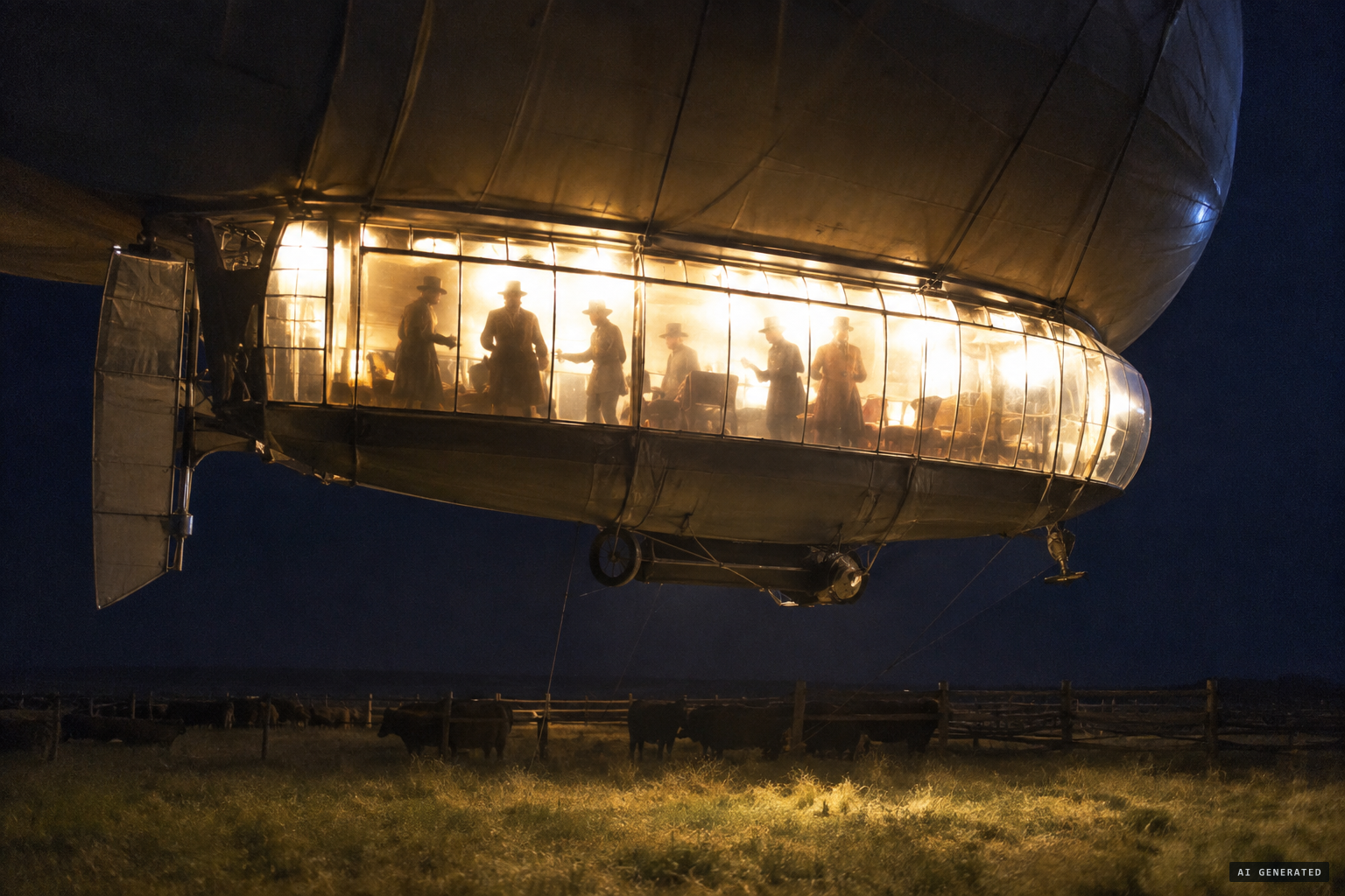 Six of the strangest beings, jabbering inside the lighted carriage