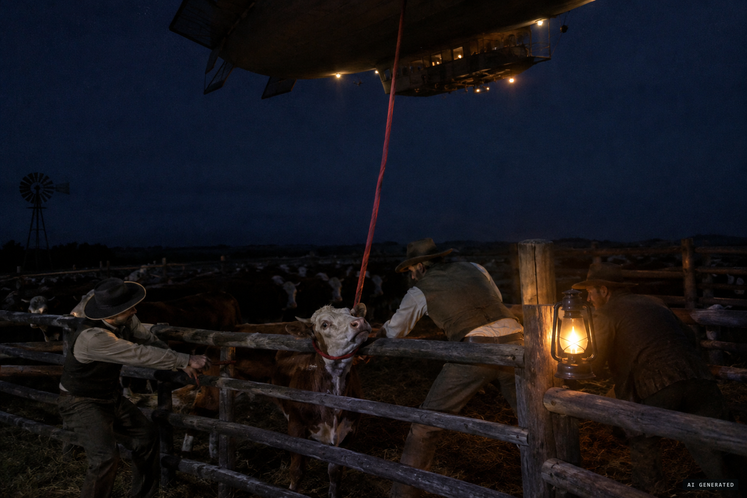 A red cable loops around a heifer's neck and catches in the fence