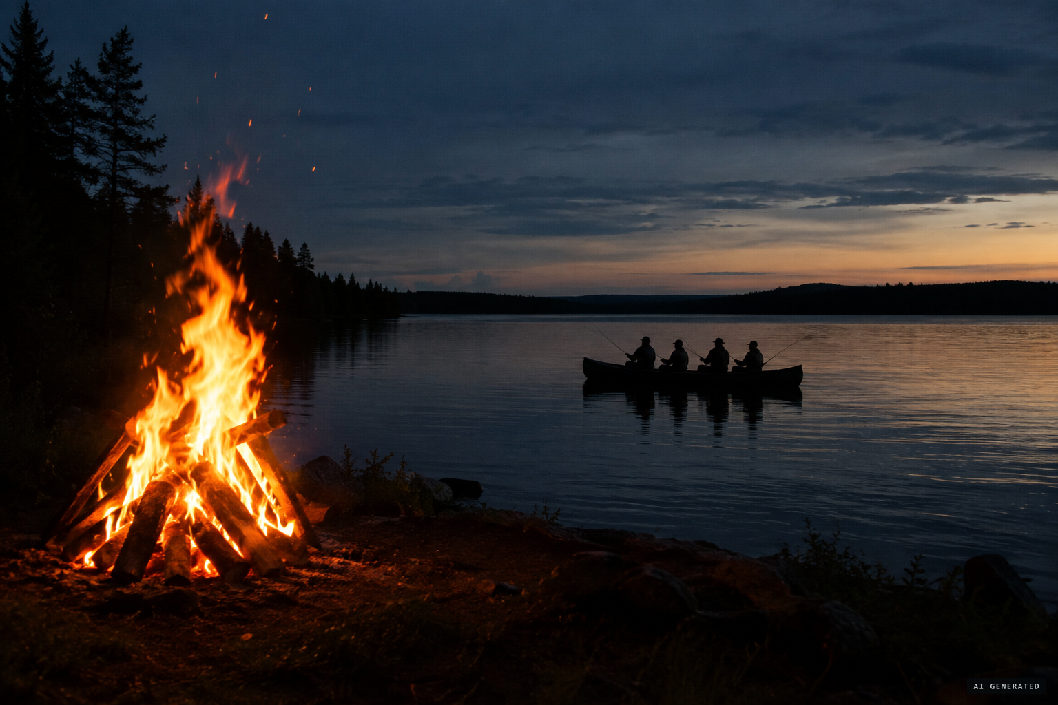 A bonfire beacon on shore as the men fish from the canoe in the dark