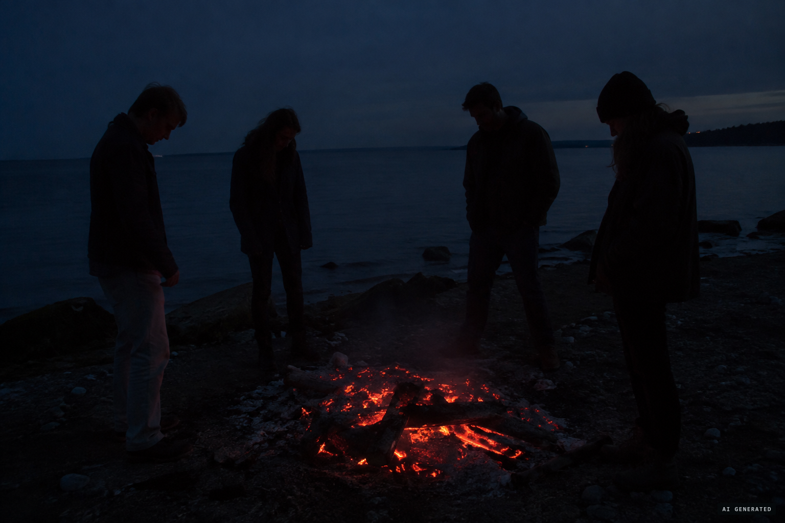 Back at camp, the bonfire has burned down to coals