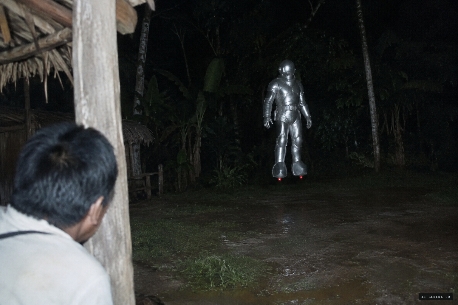 A silver, armoured-looking being floats a metre high, red lights on its heels