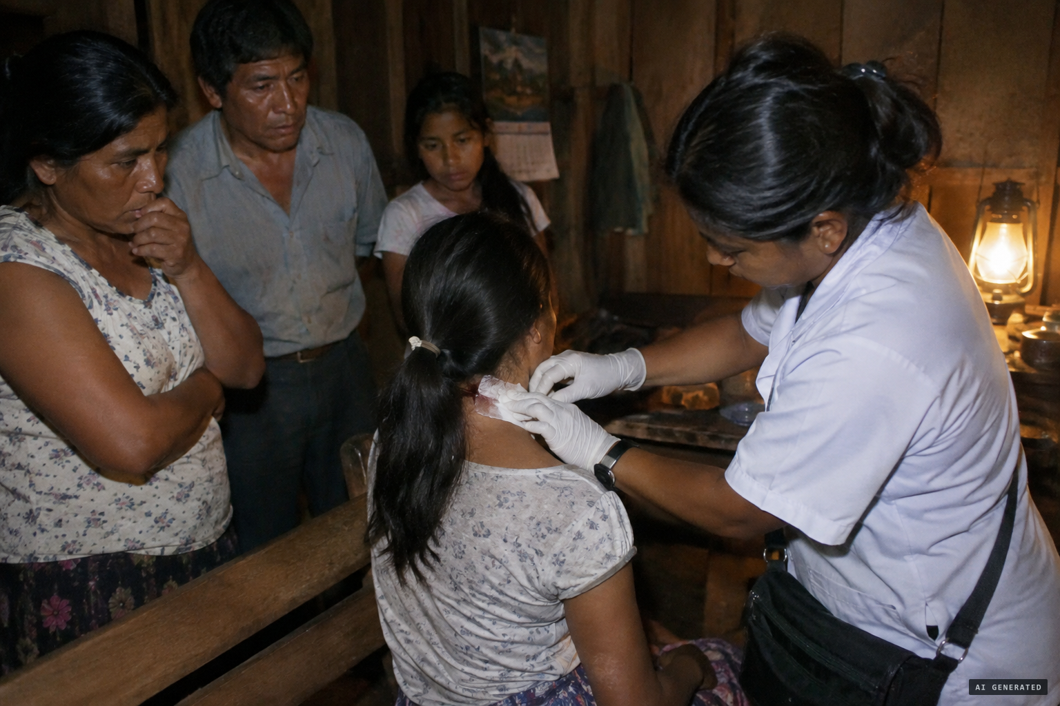 A girl of about 15, cut on the neck, is treated inside the community