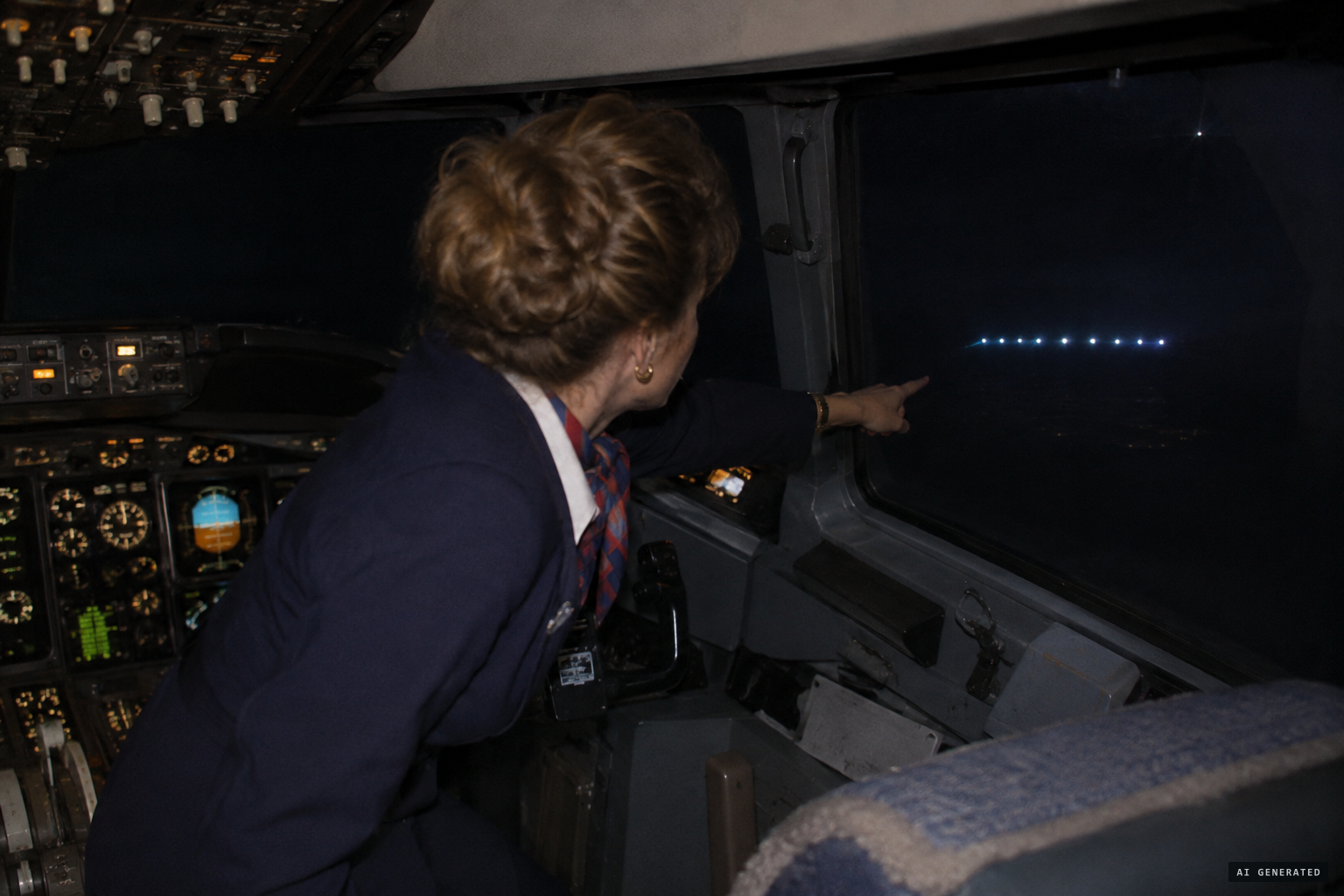 The flight attendant spots a line of flashing lights to the north, below the airliner