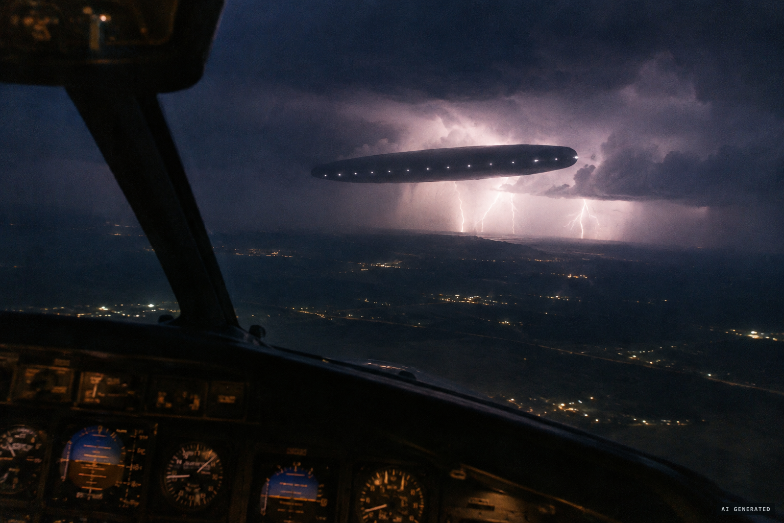 Lightning reveals a dark, wingless cigar-like object around the strobes, 'between the weather and us'