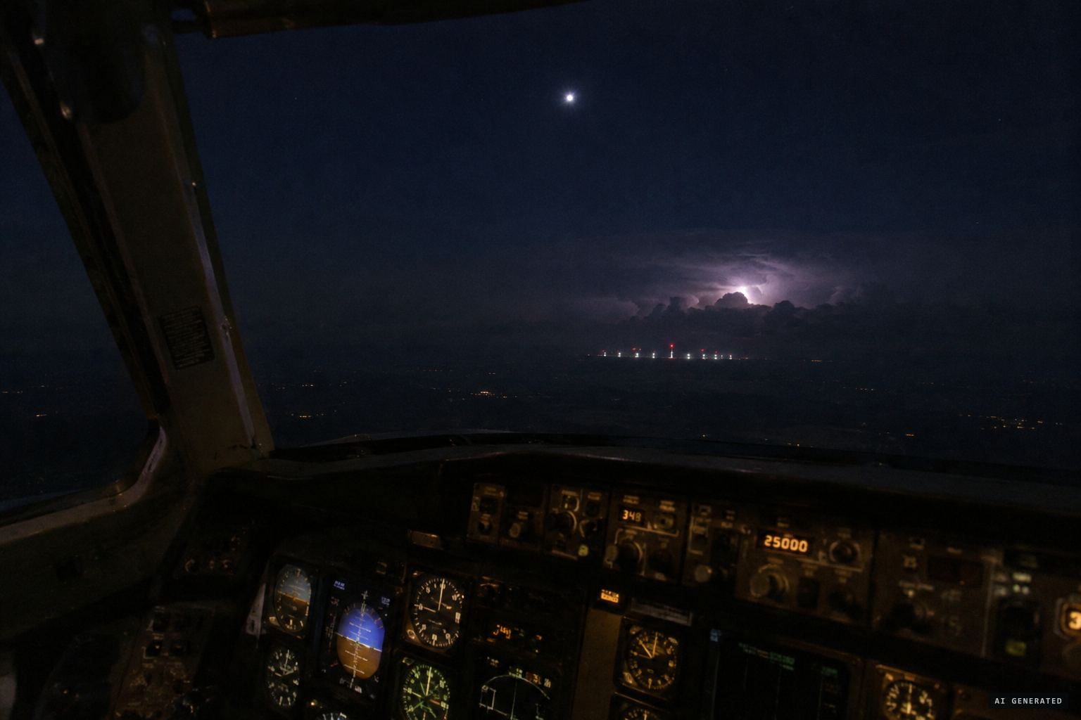Planets were suggested, but the lights were below the airliner, in front of a storm