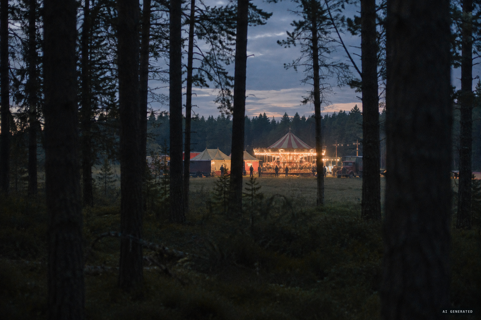 From a distance, the light in the clearing looks like a carousel being set up
