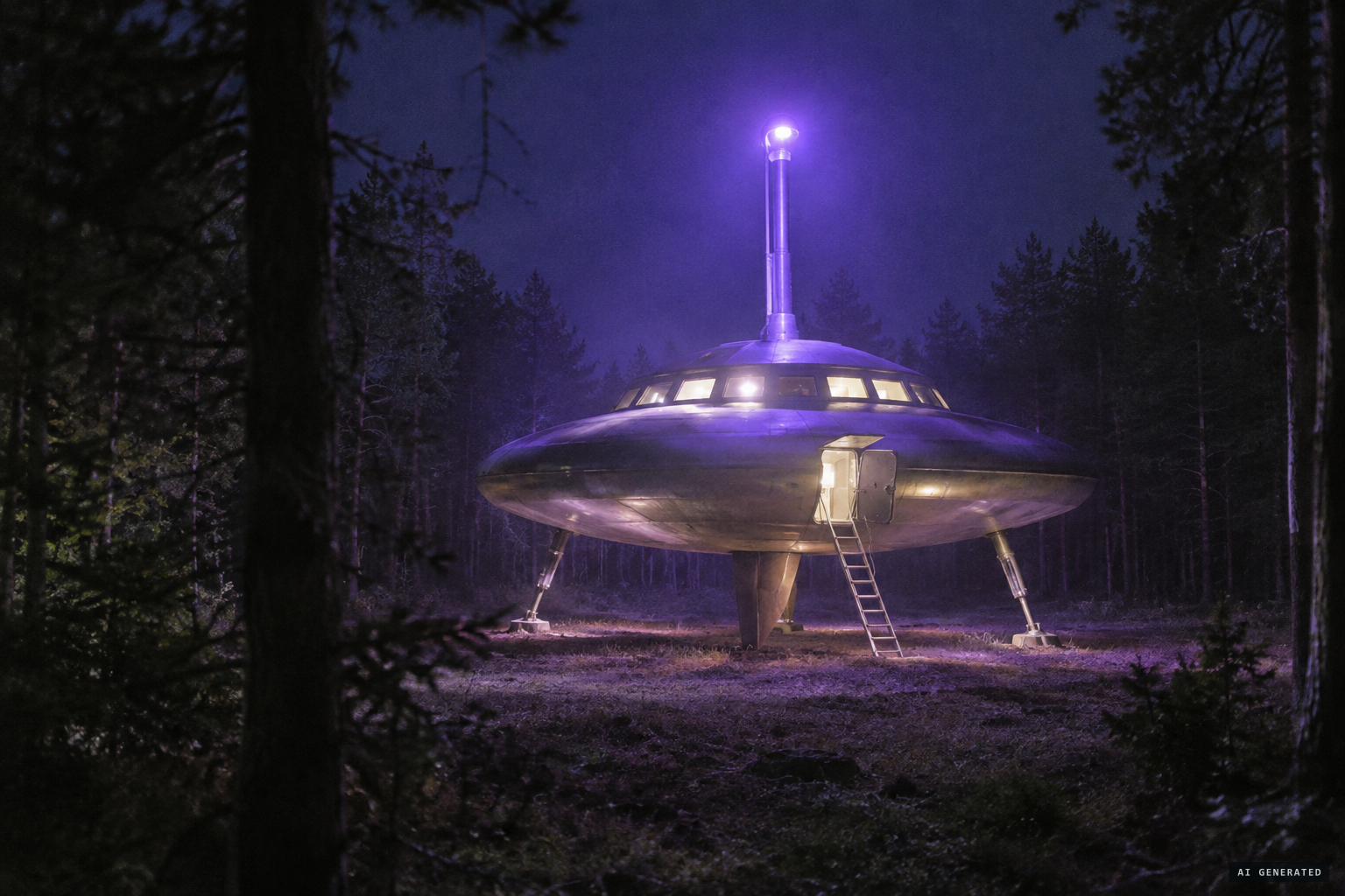 The disc on its fin and legs, covered in violet light like a cheese dome