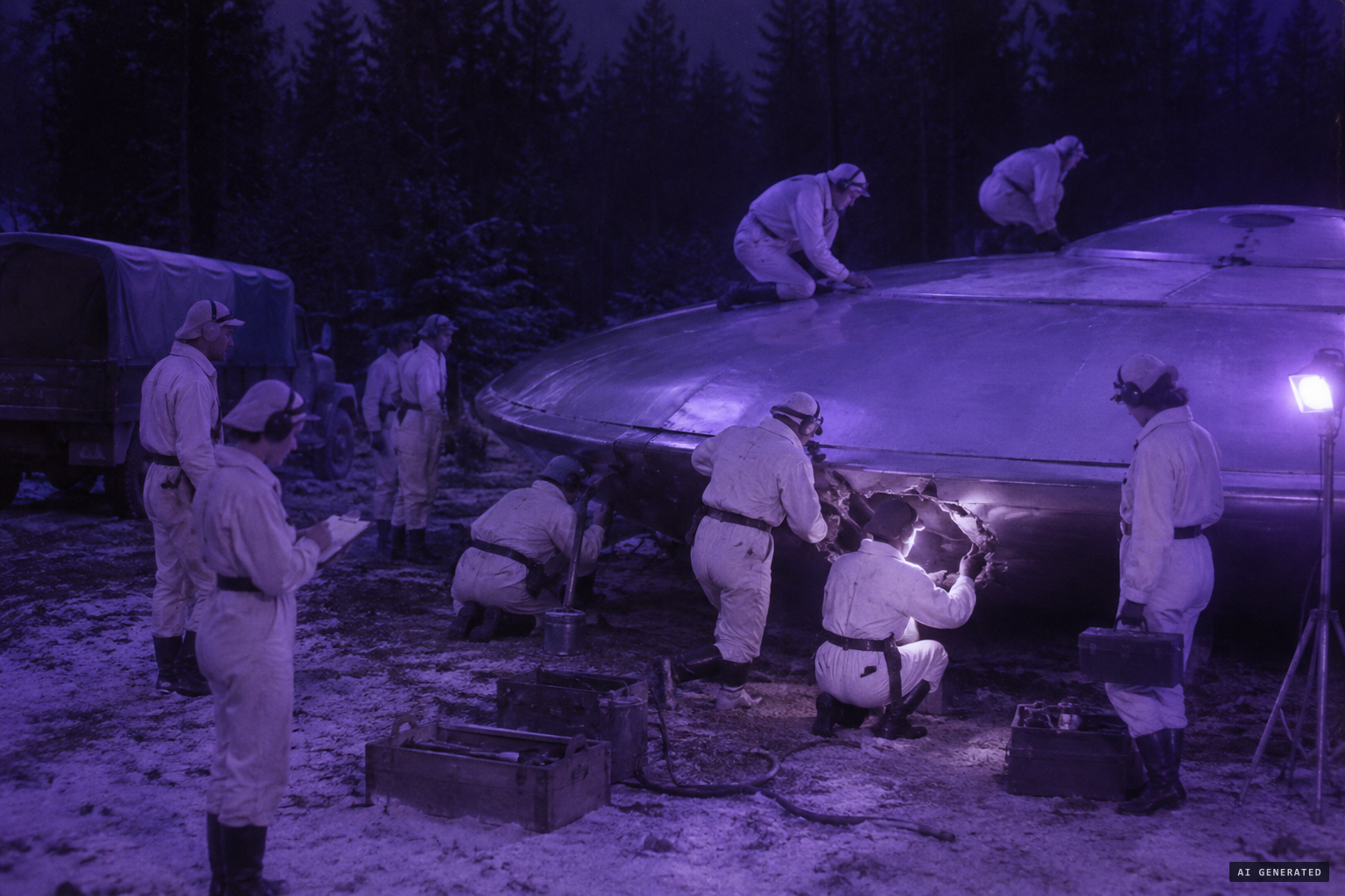 Six men and three women in white flight suits repair the craft